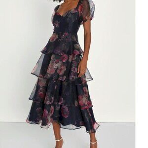 Lulu's Black and Pink Floral Midi Dress